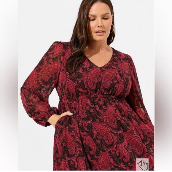 NWT Torrid Red and Black Paisley and Swiss Dot Midi Dress Ties In Back Size 1X - Picture 4 of 4